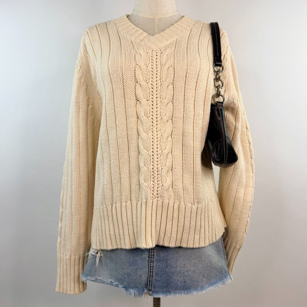 Vintage Cream Cable-Knit Chunky V-Neck Pullover Crewneck Sweater Preppy Y2K XL